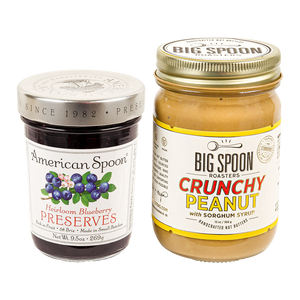 9.5oz glass jar of American Spoon Heirloom Blueberry Preserves, 13oz glass jar of BSR Crunchy Peanut Butter