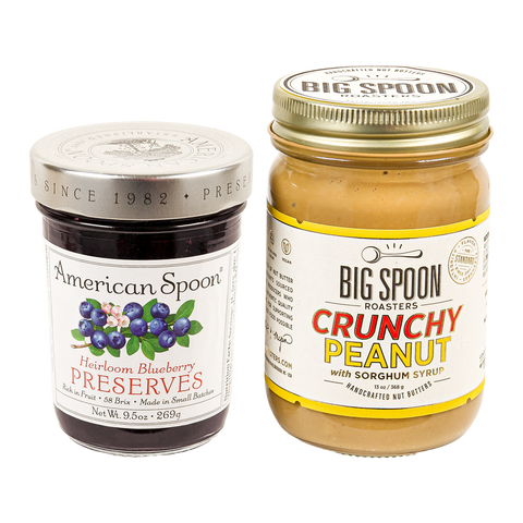 9.5oz glass jar of American Spoon Heirloom Blueberry Preserves, 13oz glass jar of BSR Crunchy Peanut Butter