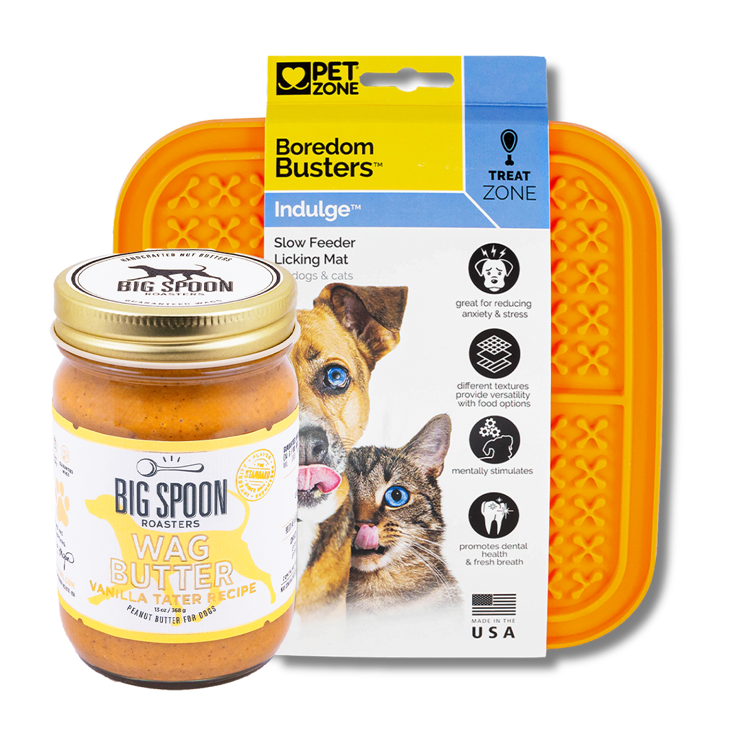 Jar of Vanilla tater Wag Butter and an orange Boredom Busters Lick Mat