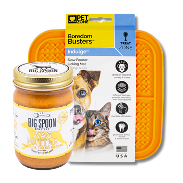 Jar of Vanilla tater Wag Butter and an orange Boredom Busters Lick Mat