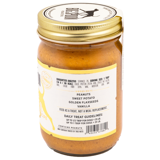 Jar of Vanilla Tater Wag Butter listing ingredients and nutrition information
