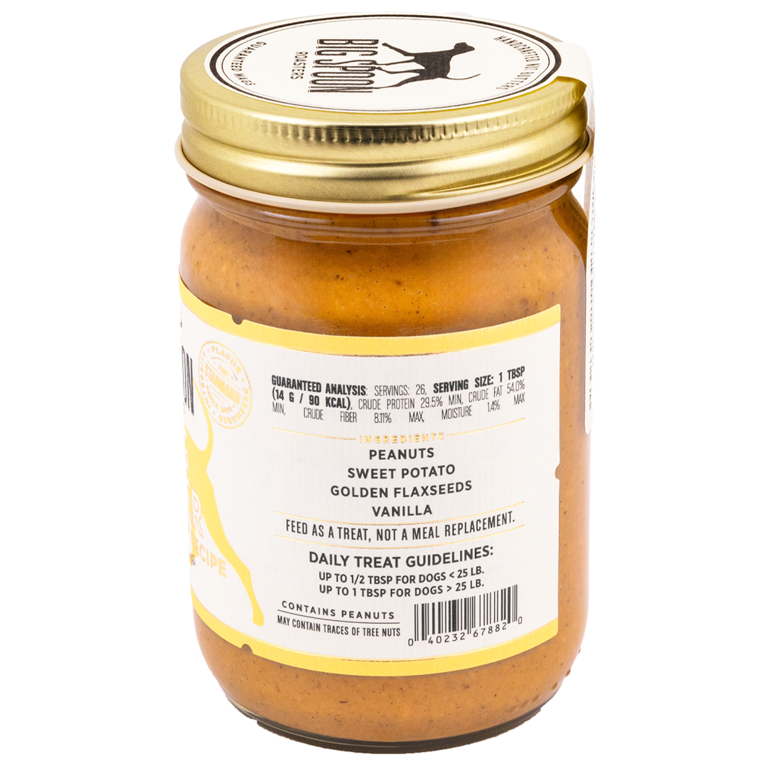 Jar of Vanilla Tater Wag Butter listing ingredients and nutrition information