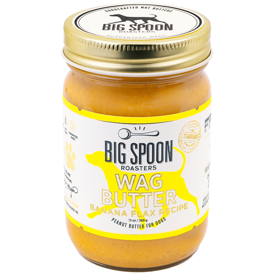 Jar of Big Spoon Roasters Wag Butter Banana Flax Recipe on a white background