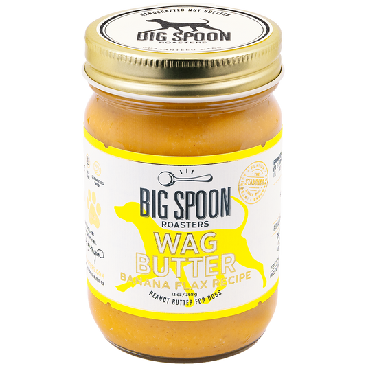 Jar of Big Spoon Roasters Wag Butter Banana Flax Recipe on a white background