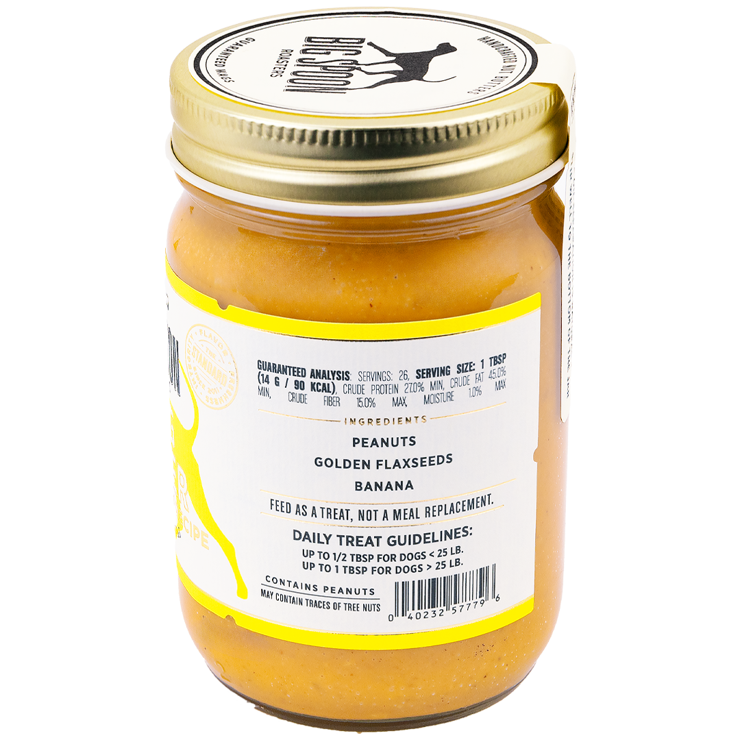 Jar of Big Spoon Roasters Wag Butter Banana Flax Recipe showing ingredients