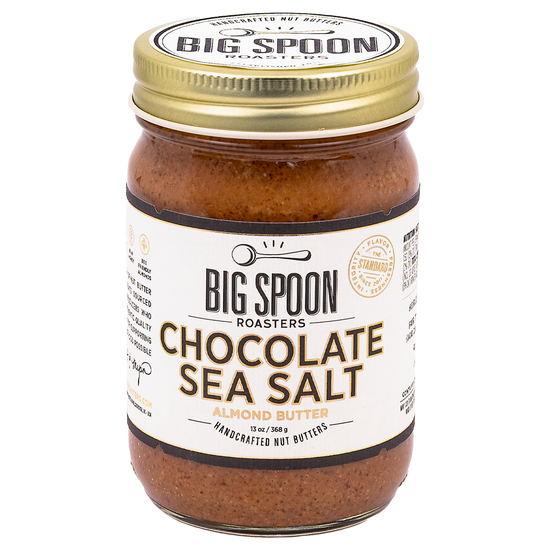 Jar of Big Spoon Roasters Chocolate Sea Salt Almond Butter on a white background