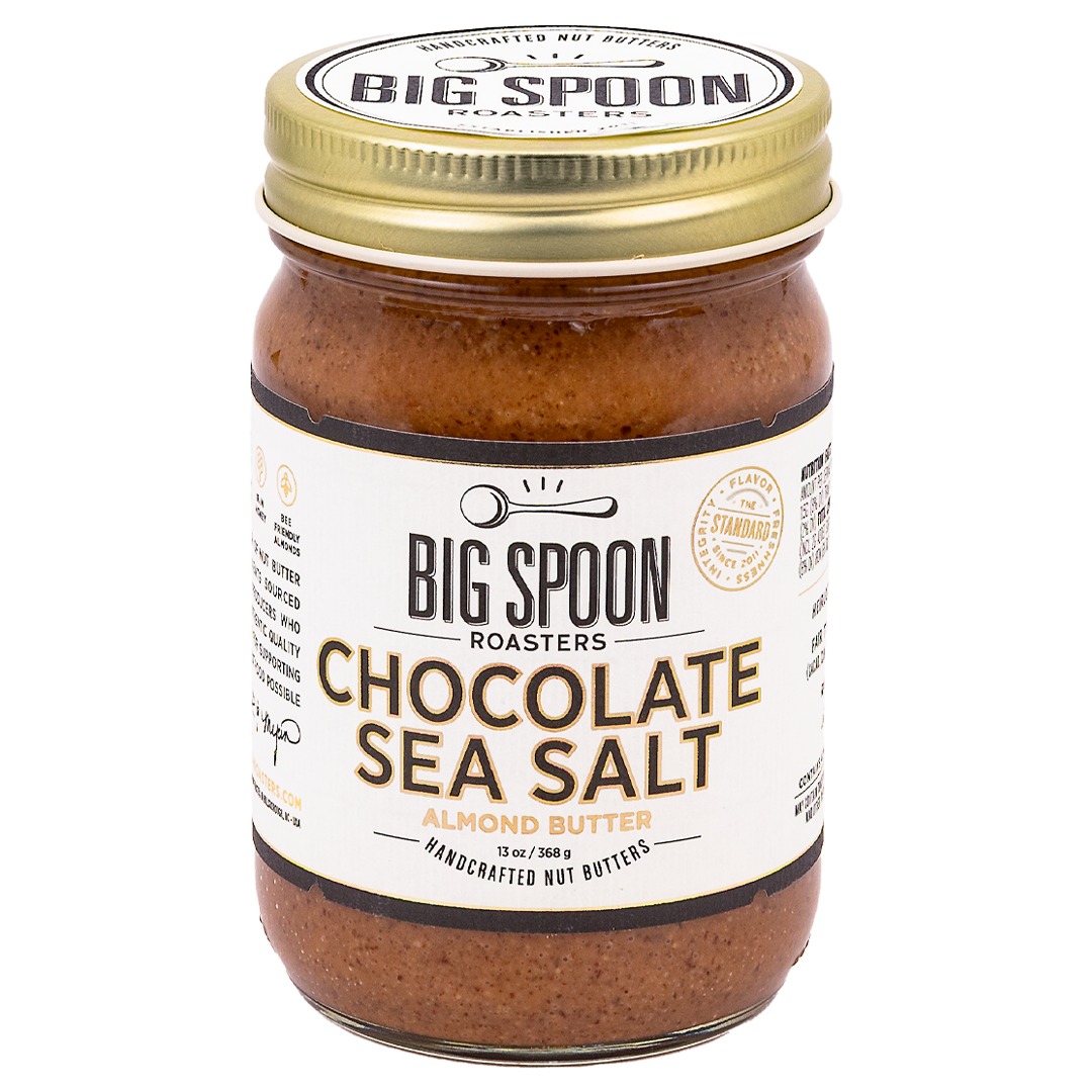 Jar of Big Spoon Roasters Chocolate Sea Salt Almond Butter on a white background