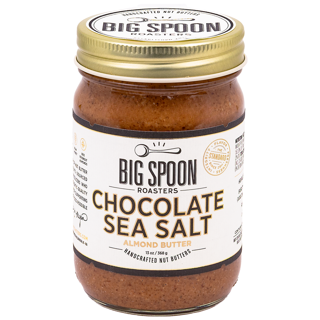 Jar of Big Spoon Roasters Chocolate Sea Salt Almond Butter on a white background