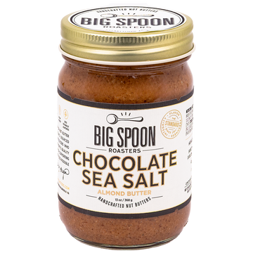 Jar of Big Spoon Roasters Chocolate Sea Salt Almond Butter on a white background