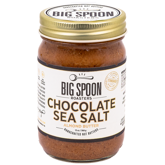 Jar of Big Spoon Roasters Chocolate Sea Salt Almond Butter on a white background
