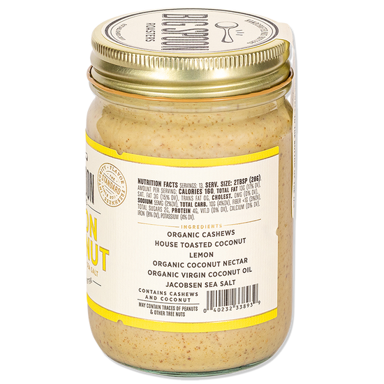 side of jar of Lemon Cookie Cashew & Coconut Butter showing nutrition facts and ingredients