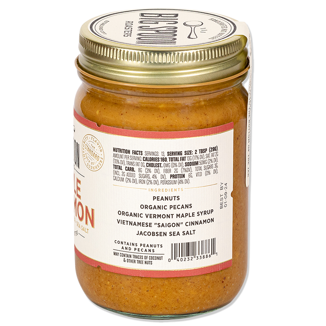 side of jar of Maple Cinnamon Peanut & Pecan Butter showing nutrition facts and ingredients