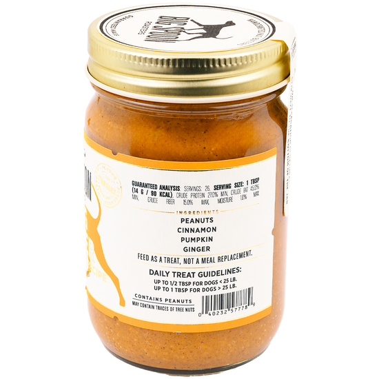 Jar of Big Spoon Roasters Wag Butter pumpkin spice recipe peanut butter for dogs - side listing ingredients