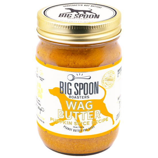 Jar of Big Spoon Roasters Wag Butter pumpkin spice recipe peanut butter for dogs on a white background