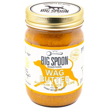 Jar of Big Spoon Roasters Wag Butter pumpkin spice recipe peanut butter for dogs on a white background