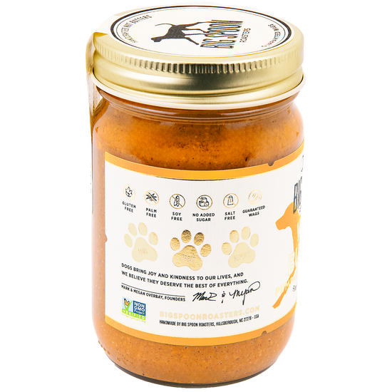 Jar of Big Spoon Roasters Wag Butter pumpkin spice recipe peanut butter for dogs - listing callouts