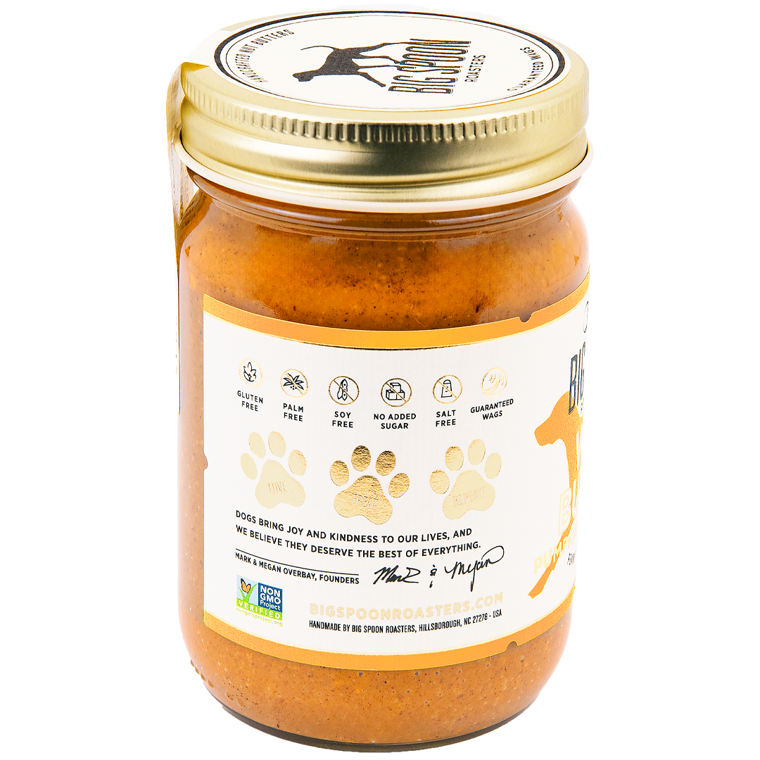 Jar of Big Spoon Roasters Wag Butter pumpkin spice recipe peanut butter for dogs - listing callouts