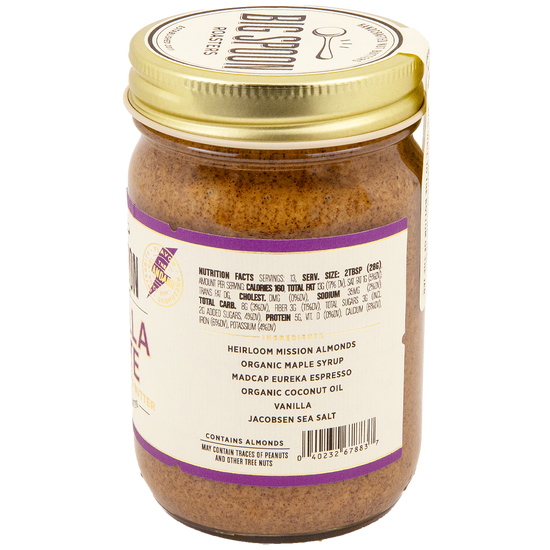 Vanilla Latte Almond Butter jar -side listing nutrition info and ingredients