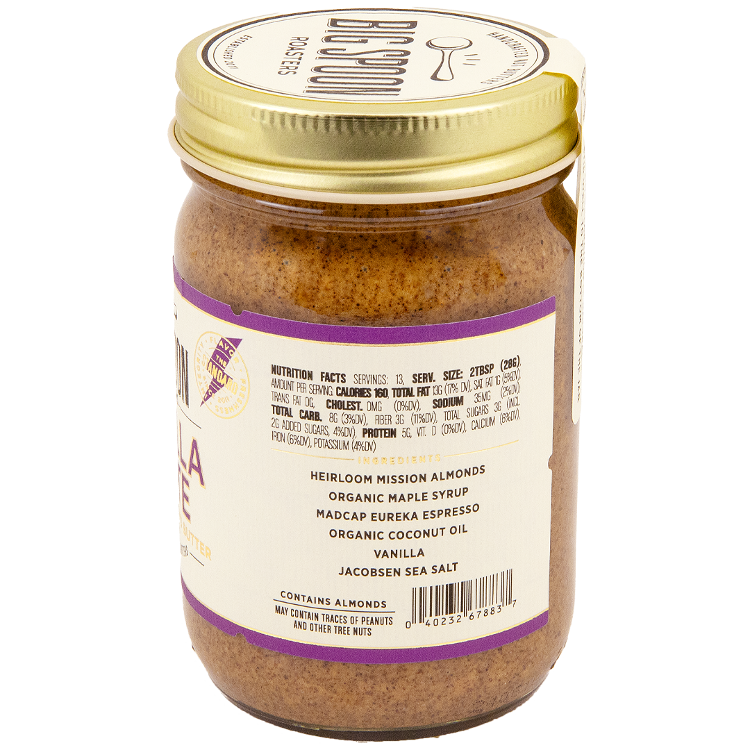 Vanilla Latte Almond Butter jar -side listing nutrition info and ingredients