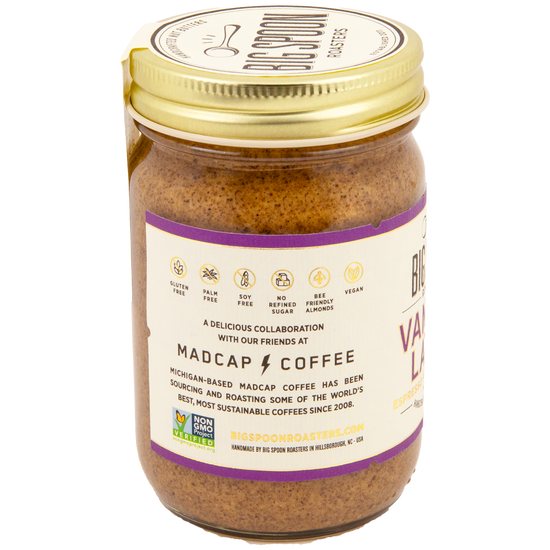 Vanilla Latte Almond Butter jar - side showing values propositions and non-GMO labeling