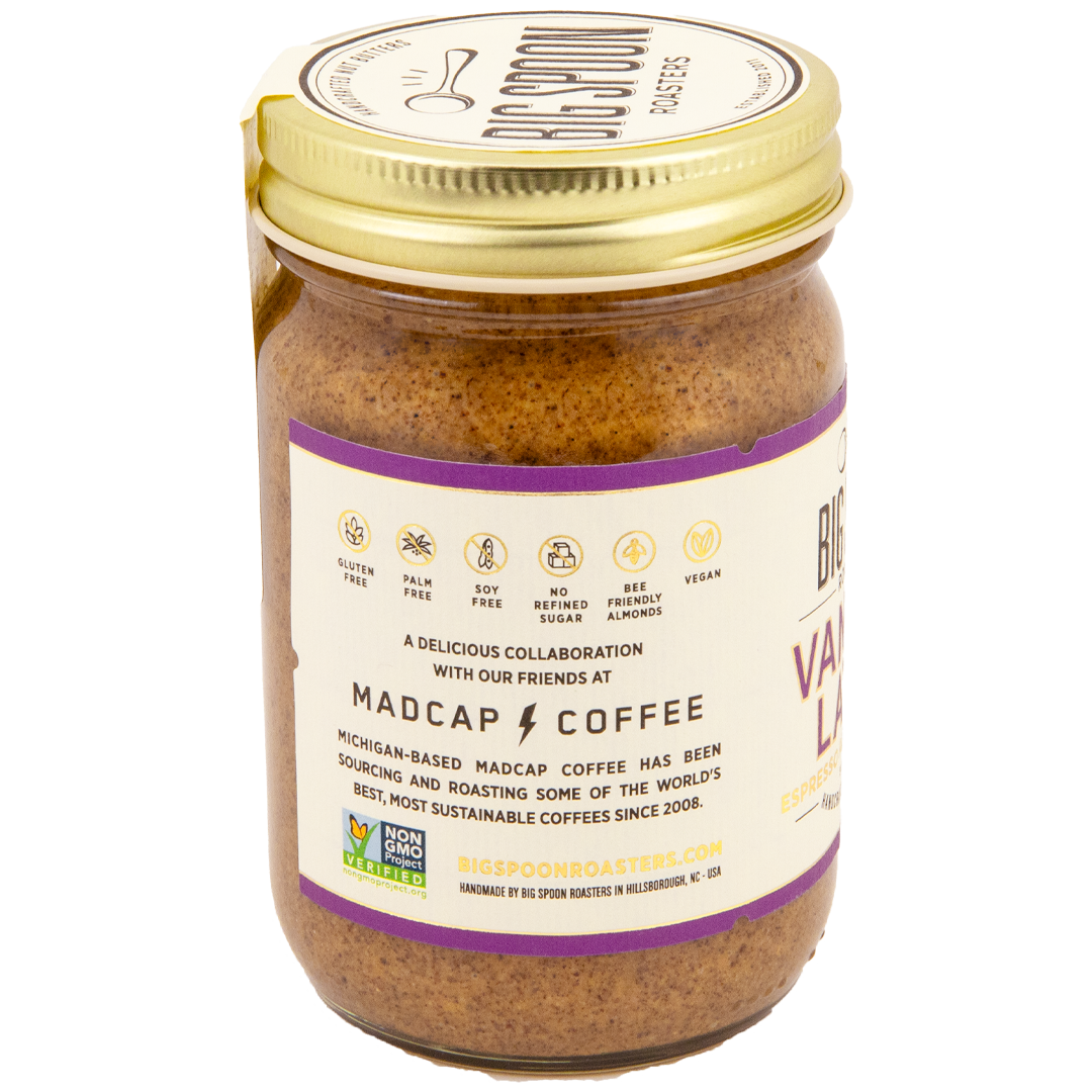 Vanilla Latte Almond Butter jar - side showing values propositions and non-GMO labeling