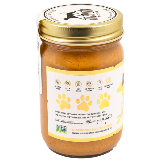 Jar of Vanilla Tater Wag Butter showing ingredient callouts and paw prints