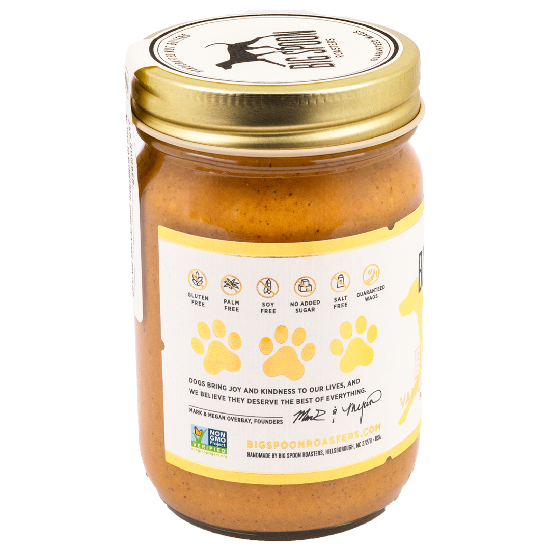Jar of Vanilla Tater Wag Butter showing ingredient callouts and paw prints