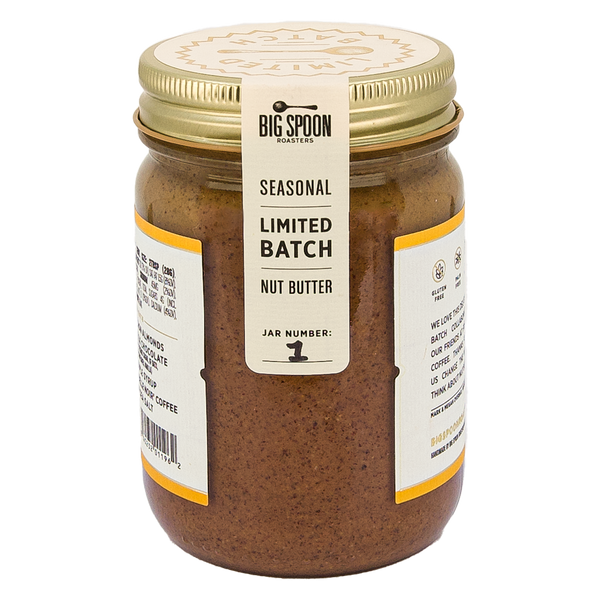 13oz glass jar of Oat Milk Mocha Almond Butter - Back with Quality Seal 