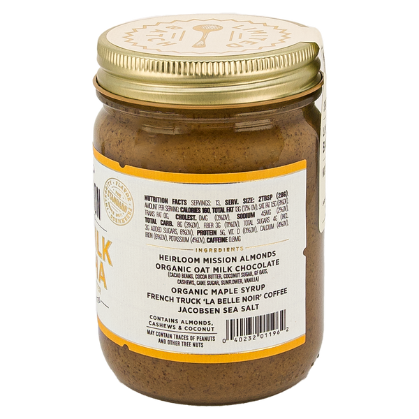 13oz glass jar of Oat Milk Mocha Almond Butter - Ingredients and Nutrition Facts