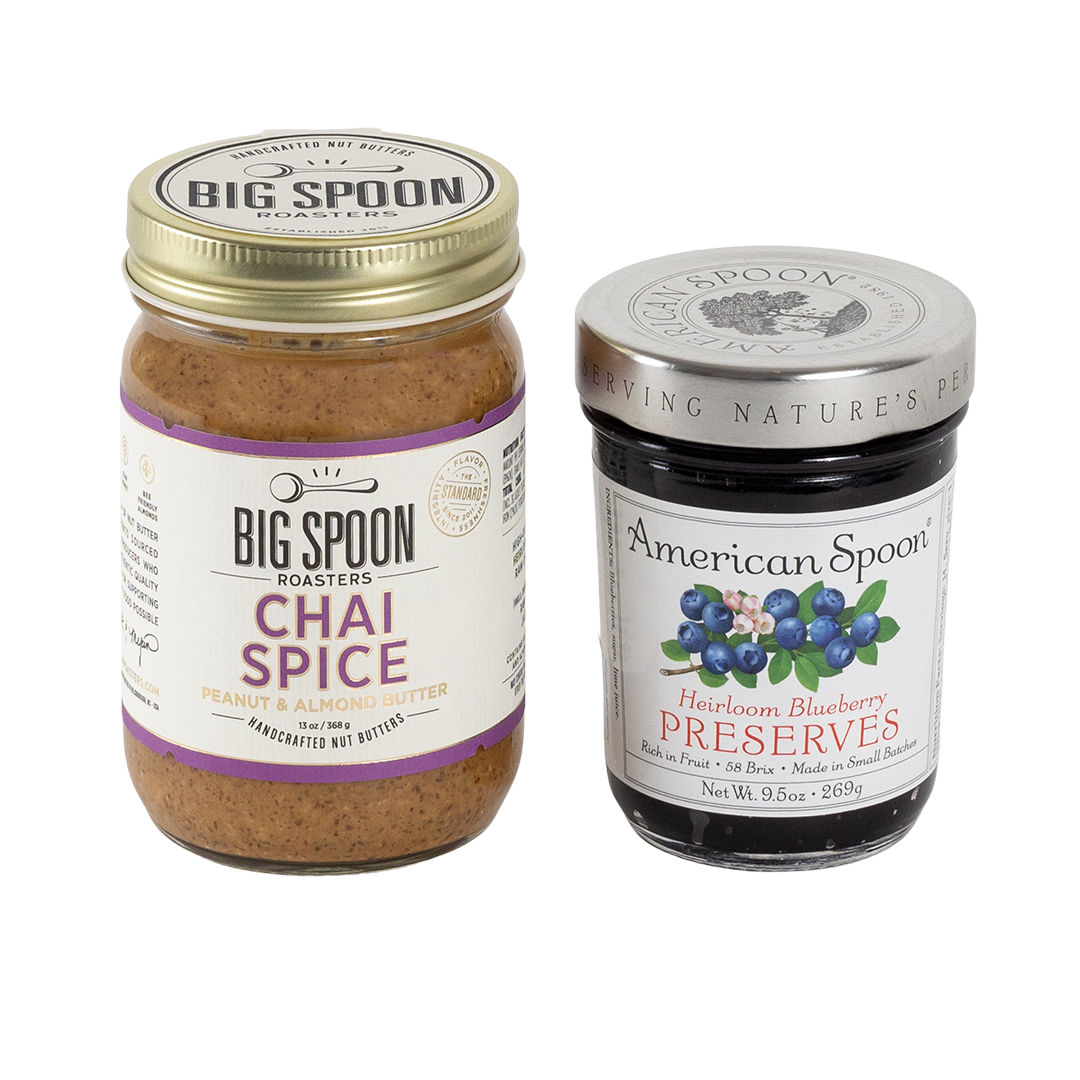 Jar of chai spice nut butter and jar of blueberry preserves