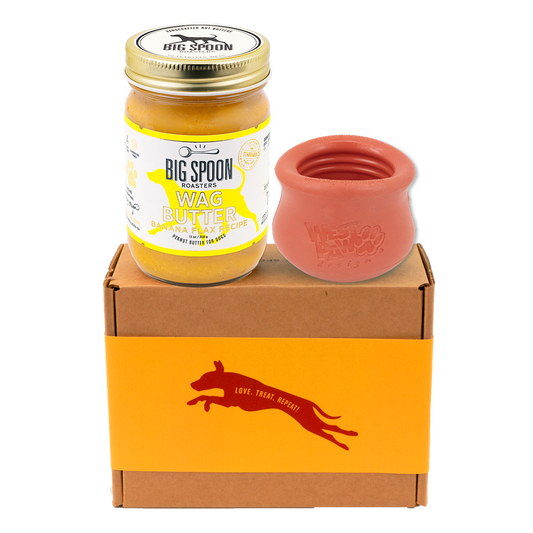 Jar of 'Big Spoon Roasters' Wag Butter with an red west paw toppl on a branded box.