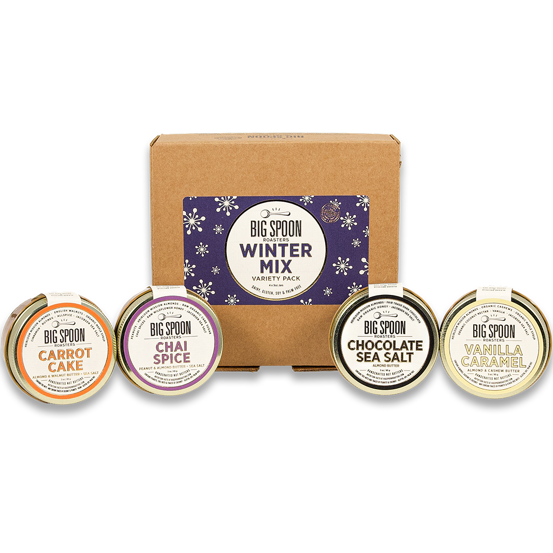 3oz mini Winter Mix Variety pack box and four nut butters