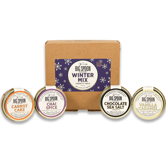 3oz mini Winter Mix Variety pack box and four nut butters