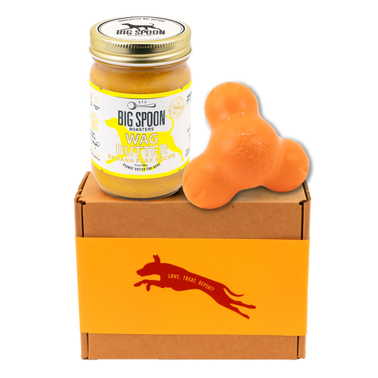 Jar of 'Big Spoon Roasters' Wag Butter on a box with an orange West Paw Tux toy.