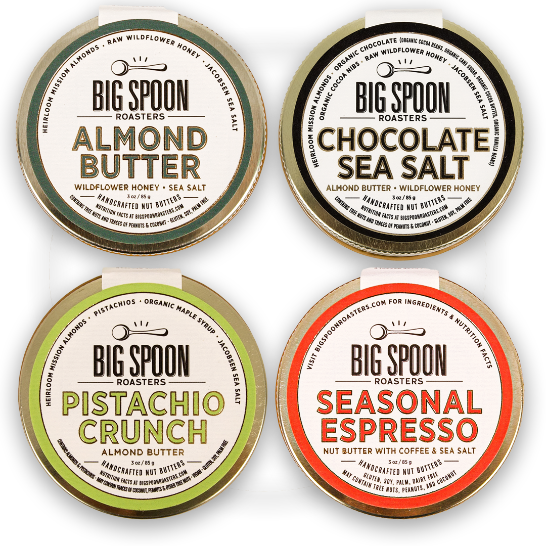 3oz jar lids labeled Almond Butter, Chocolate Sea Salt, Pistachio Crunch, and Seasonal Espresso
