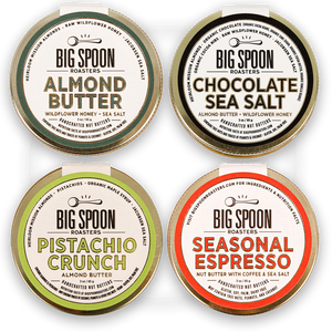 3oz jar lids labeled Almond Butter, Chocolate Sea Salt, Pistachio Crunch, and Seasonal Espresso