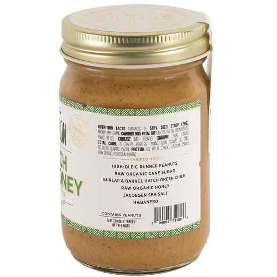 Side of jar of Hatch Hot Honey peanut butter