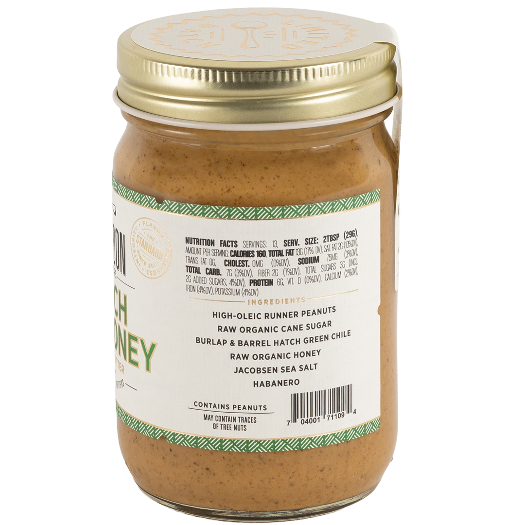 Side of jar of Hatch Hot Honey peanut butter