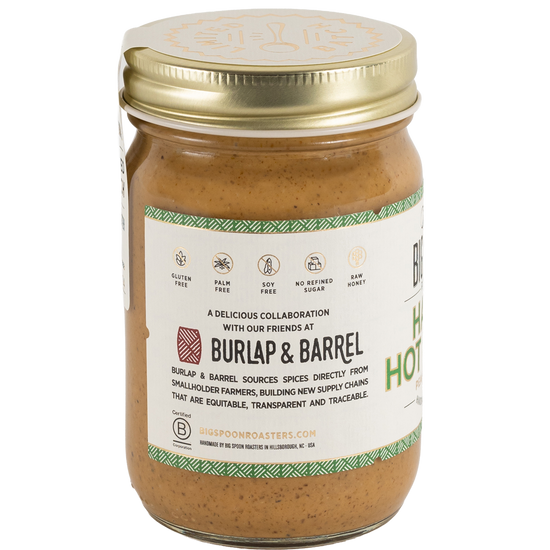 Side of jar of Hatch Hot Honey peanut butter