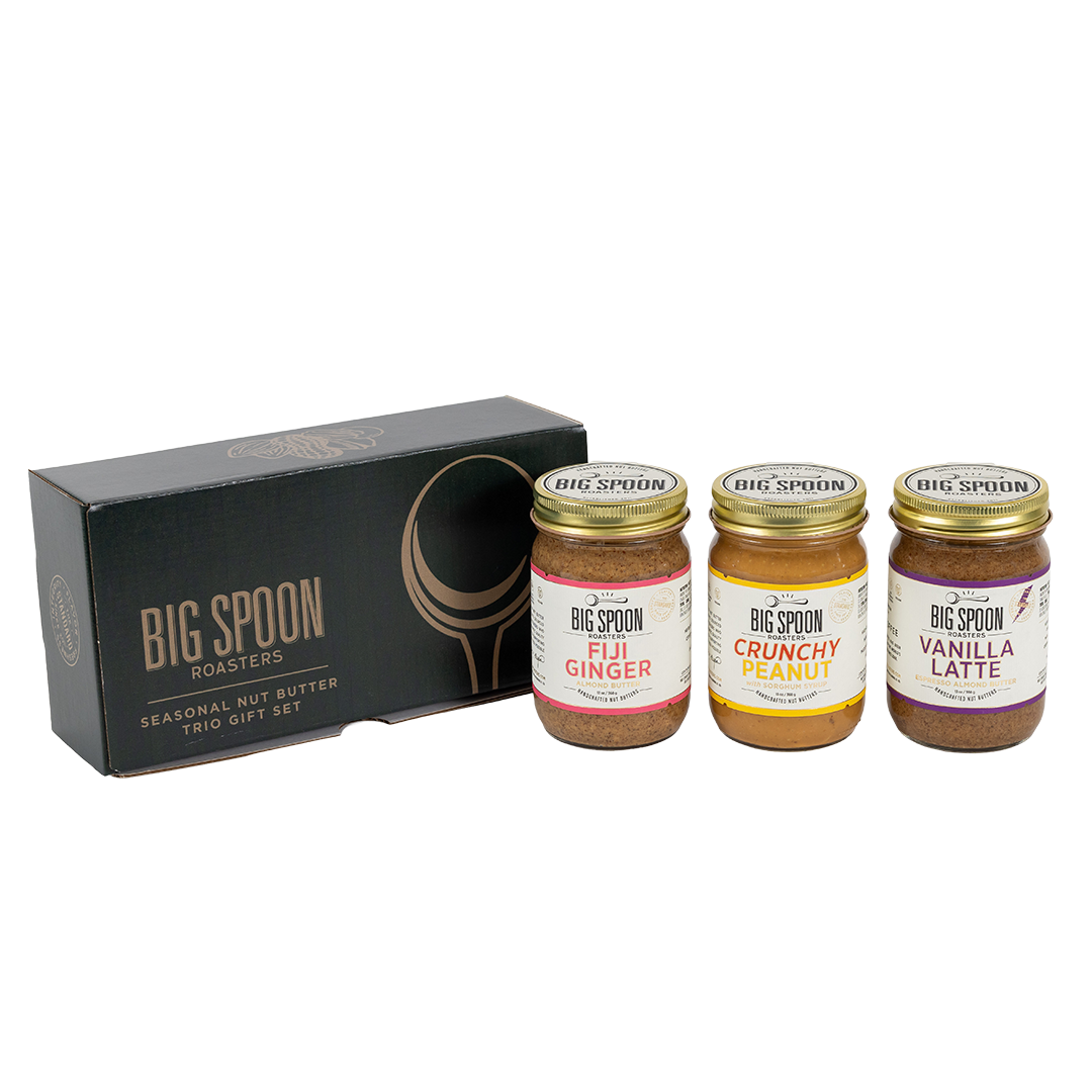 Big Spoon Roasters dark green gift box with three jars of nut butter