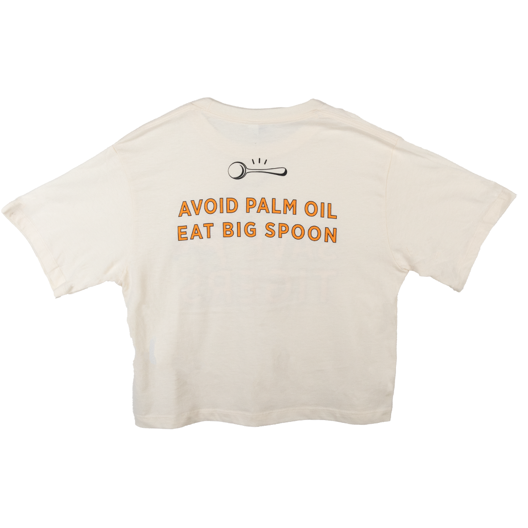 back of a beige tee reading "avoid palm oil, eat big spoon"