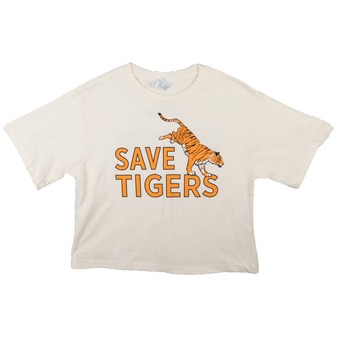 Boxy beige tee reading "Save Tigers"