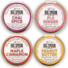 3oz jar lids labeled Chai Spice, Fiji Ginger, Maple Cinnamon, and Peanut Butter