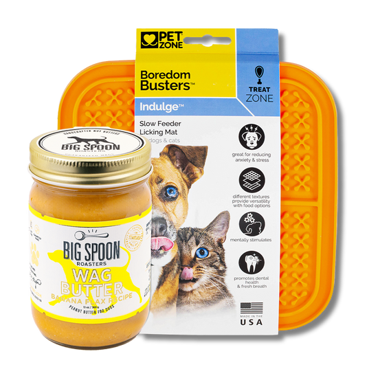 jar of Banana Flax Wag Butter in front of a Boredom Busters licking mat