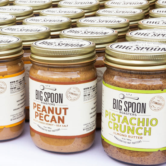 Variety of 13oz glass jars of nut butters