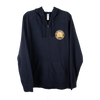 navy zip hoodie with logo emblazoned on front left 