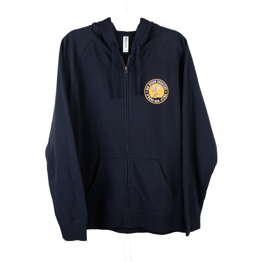 navy zip hoodie with logo emblazoned on front left 