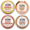 The lids of crunchy peanut butter, sweet heat, maple cinnamon, and peanut pecan nut butter