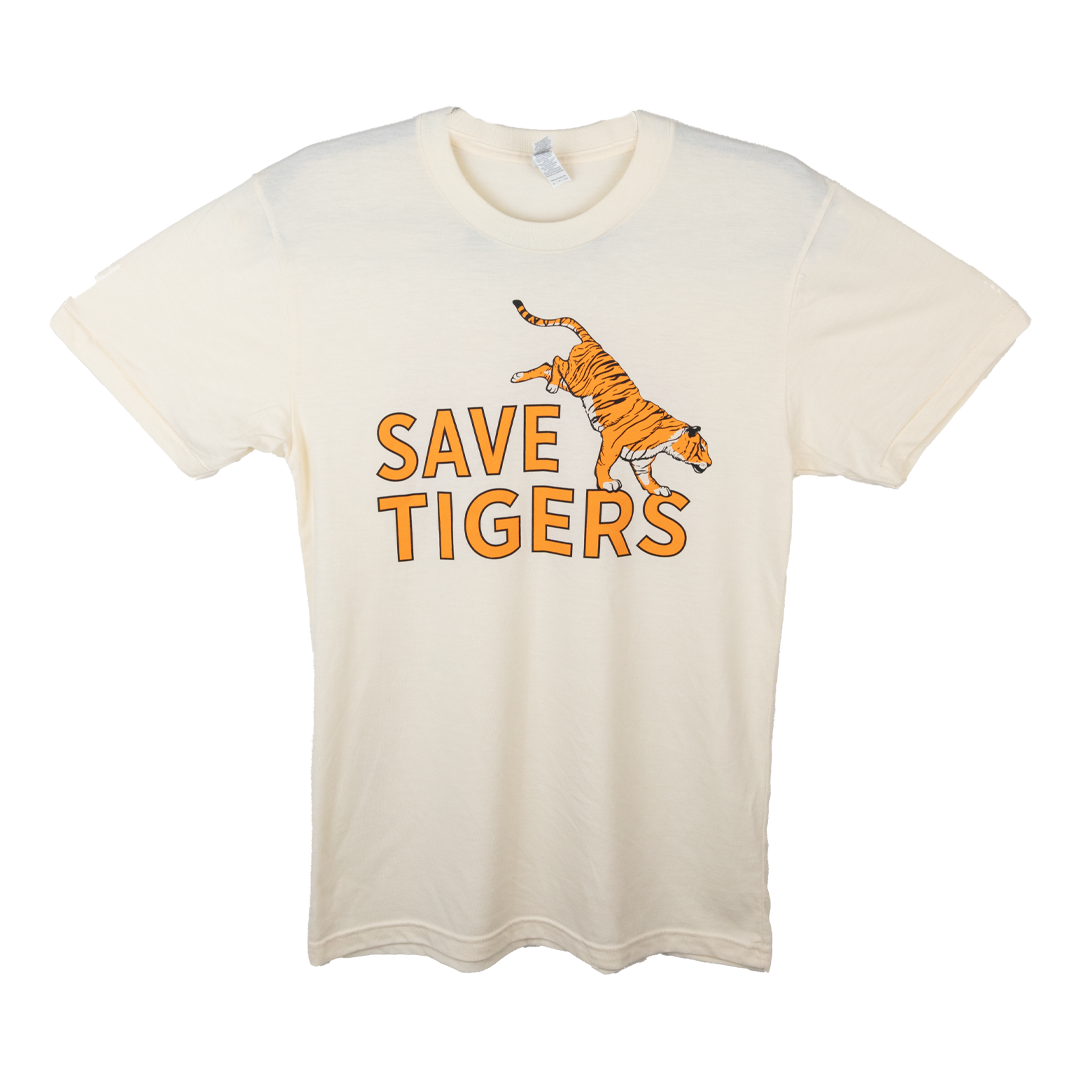 beige tee shirt reading "save tigers"