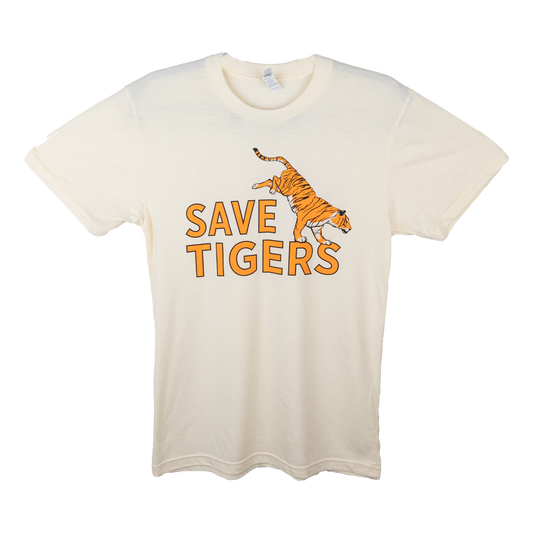 beige tee shirt reading "save tigers"